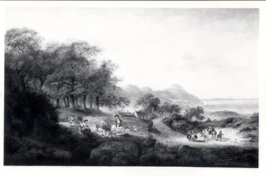 Distant View of Anglesea (olja på duk) (svartvitt tryck)