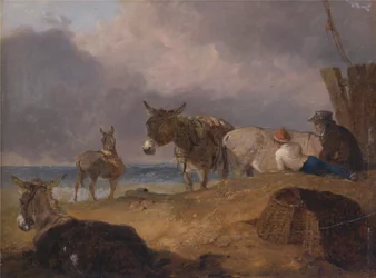 Åsnor och figurer på en strand
