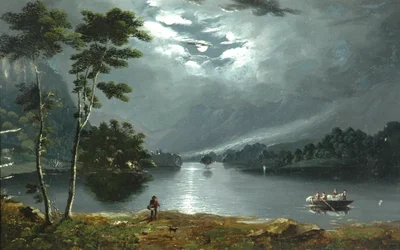 Färja, Windermere, ser norrut och sjön i månsken