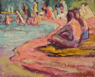Badgäster på stranden