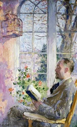 "I verandan" En man som läser en bok, en bur med en fågel hängande i. Målning av Julius Gari Melchers (1860-1932)