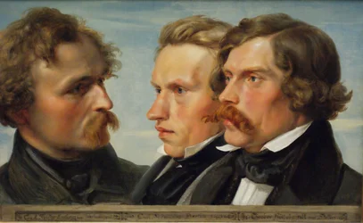 Unga Düsseldorf. Gruppporträtt av målarna Karl Friedrich Lessing, Carl Ferdinand Sohn och Theodor Hildebrandt, 1839