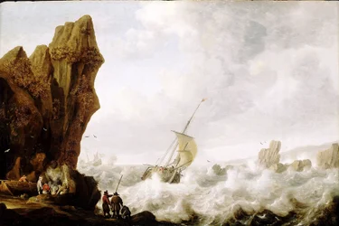 En fiskebåt med två master (hooker) i stormig sjö, intryckt i en passage omgiven av en kustlinje med branta klippor. Olja på trä, omkring 1620, av Julius Porcellis (1609-1645).