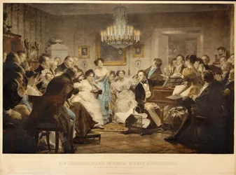En kväll med Schubert i en salong i Wien ... (gravyr)