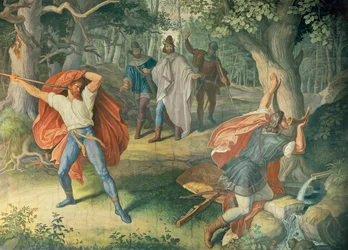 Hagen dödar Siegfried vid fontänen, Hall of Nibelungens