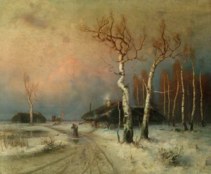 En by i ett skogsbevuxet vinterlandskap (olja)