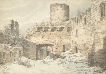 Vintervy över innergården till ett medeltida slott i ruiner, 1832.