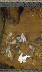 Immortals Dancing with a Crane (bläck & färg på siden)
