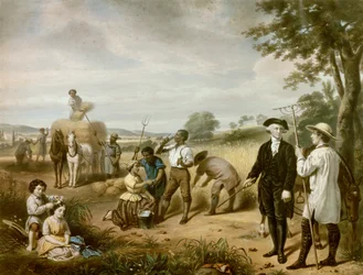Bonden Washington: George Washington (1732-1799) på fälten i Mont Vernon, hans plantage i Earl of Fairfax, Virginia. I det nedre vänstra hörnet finns hennes två styvbarn, John och Martha Parke Custis. Litografi