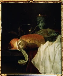 Frukt, bröd och vin (Fruit, bread and wine). Målning av Jurlaen van Streeck (1632-1687). Olja på trä, 53 x 45 cm