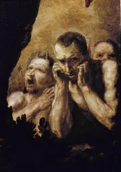 Apollo och Marsyas Apollo, efter att ha vunnit utmaningen mot Marsyas, får honom att skala och sedan kasta honom i en grotta. (detalj). Målning av Jose de Ribera dit lo Spagnoletto (1591-1652)