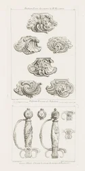 Gyllene svärdvakter för kungens äktenskapsfängelser 1725 Svärdshantering för att hedra kungens äktenskap 1725, pl. 52 i arbete av Juste-Aurele Meissonnier