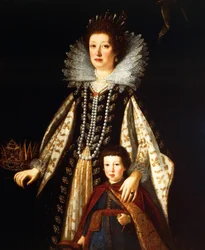 Porträtt av ärkehertiginnan Maria Maddalena av Österrike med sin son Ferdinand II