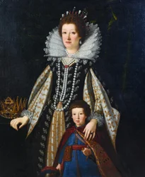 Porträtt av Maria Maddalena av Österrike och hennes son Ferdinando i polsk dräkt