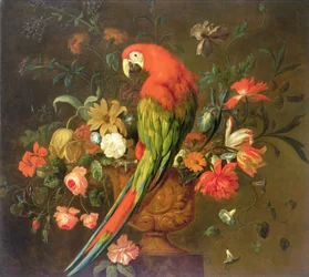Scarlet Ara uppflugen på en skulpterad urna med blommor (olja på duk)