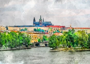 Historisk utsikt över floden i Prag