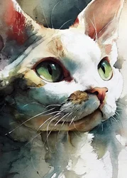Akvarellmålning av en katt med gröna ögon