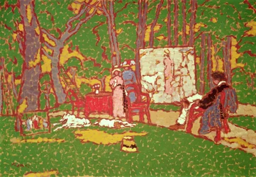 Måla Lazarine och Anella i parken. Det är varmt, 1910