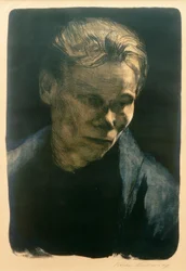 K.Kollwitz, bystporträtt av en arbetarkvinna