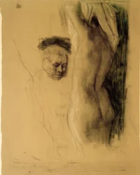 K. Kollwitz, man som knäböjer framför en kvinnlig naken