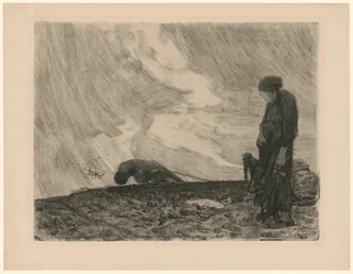 Plöjare med stående kvinna i förgrunden (Förkastad 3:e version till blad 1 ur ”Bondekriget”, 6:e tillståndet)