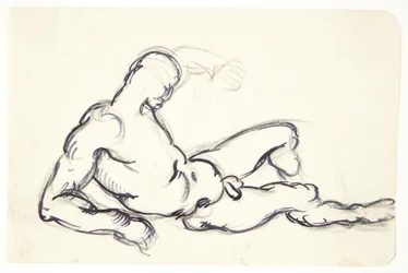 Studie av liggande naken man. Studera för figuren av Adam i gruppen "The waking Eve"
