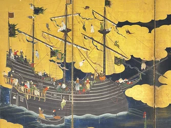 Detalj av Southern Barbarians Come to Trade, ett par sexpanelsskärmar, tidigt 1600-tal