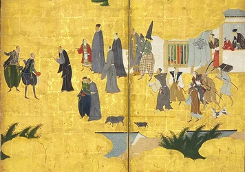 Detalj av Southern Barbarians Come to Trade, ett par sexpanelsskärmar, tidigt 1600-tal