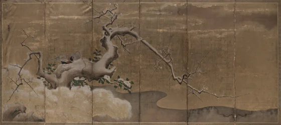 Vinterscen med plommonträd och fasanfåglar höger, tidigt 1600-tal.