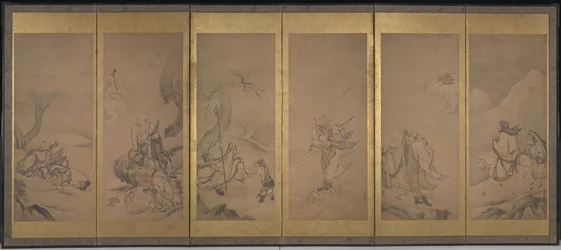 Buddhistiska, daoistiska och konfucianska patriarker (bläck och bladguld på papper)