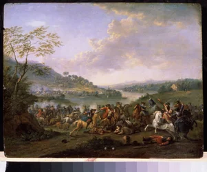 ""En militär skärmytsling"" (Cavalry Skirmish) Kavalleristrider under en strid. Målning av Karel Breydel (1678-1733) State Museum Arkhangelskoye Estate, Moskva