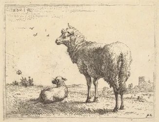 Ett moget får i trekvartsvy står och tittar till vänster, bredvid det ligger ett lamm..., ca. 1655.