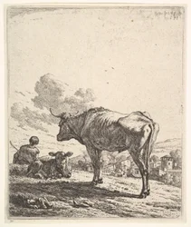Koherde med ko och kalv på en sluttning, koherden sedd bakifrån och sittande i ..., 1658.