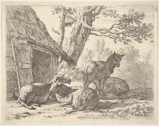 Fyra får, ett får står bland tre andra liggande på marken bredvid ett skjul med..., 1658.