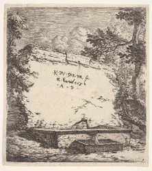 Frontispice med avtrappad fontän, en stenmur med vattenpip som häller vatten i en rec..., 1652.