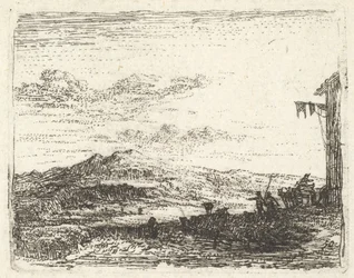 Landskap med hörn av byggnad och markis längst till höger, två figurer och en häst-..., ca. 1641-78.