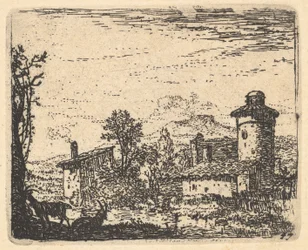 Landskap med två behornade getter i skugga i vänster förgrund, bybyggnader längre bort, ca 1641-78.
