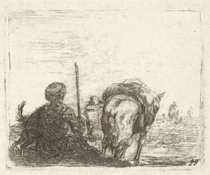 Flockhäst, sittande man med stav i höger hand och hund, allt sett bakifrån..., ca. 1641-78.