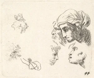 Studie av huvuden i profilvy, en kvinna med huvudduk och skäggig man vars huvud ..., ca. 1641-78.