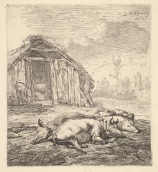 Tre grisar liggande på sidan, en svinstia och tråg bortom, 1652.