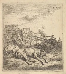 Två hundar som sover på marken, en plog, jordbruksutrustning, halmbuntar och en ..., ca. 1641-78.