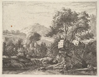 Två män som står ankeldjupt i en vattenmassa med en klipphäll bakom sig, till..., 1658.