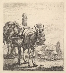 Två mulor som bär väskor och utrustade med skygglappar, plymer och tofsar, en mu..., ca. 1641-78.