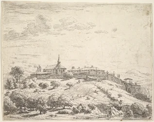 Muromgärdad by på en kulle, med kyrkan till vänster och byggnader byggda på nedförsbacken a..., 1658.
