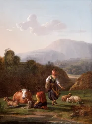 The River Bank: Landscape with Figures and Cattle (olja på duk)