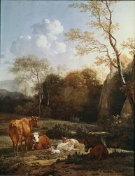 Djuret bocage nära en bäck. Målning av Karel Dujardin (1622-1678) 1656 Sön. 52x43 cm Paris, Louvren
