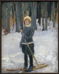 Kvinna som åker skidor i skogen. Konstverk av Karel Spillar (1871-1939), olja på kartong