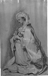 Knästående figur på en kudde med en turban. Vänstervänd. Händerna vikta över bröstet.