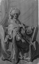 Sittande figur i mantel och turban, håller i en bok. Mot höger.