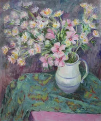 Rosa blommor i en kanna